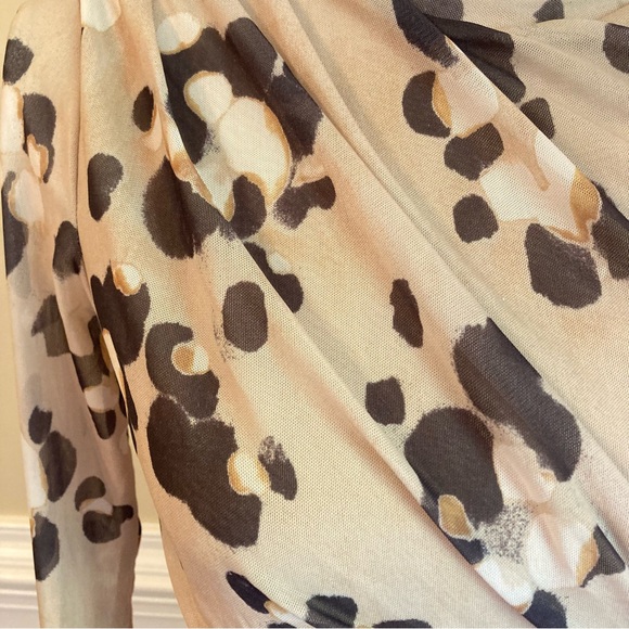 H&M Tan Black Animal Leopard Cheetah Print Mesh Net Long Sleeve Midi Maxi Dress - Picture 6 of 9
